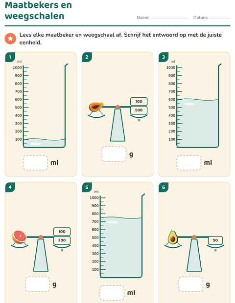 Voorbeeld van het Meten-werkblad met Fruit voor groep 4