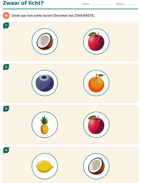 Voorbeeld van het Meten-werkblad met Fruit voor kleuterklas