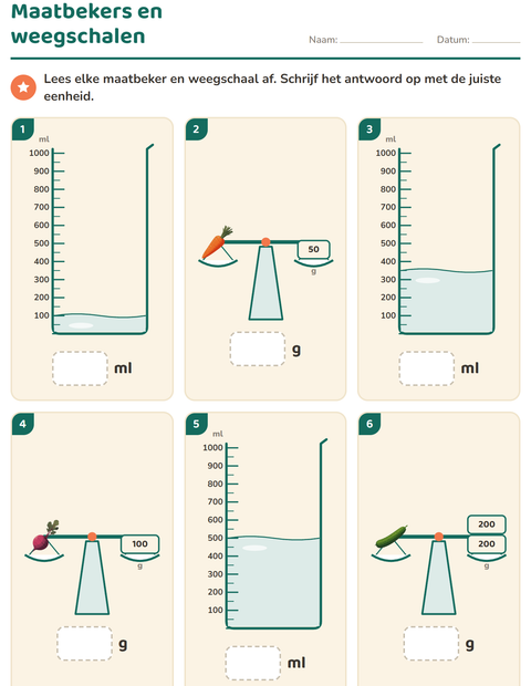 Voorbeeld van het Meten-werkblad met Groenten voor groep 4