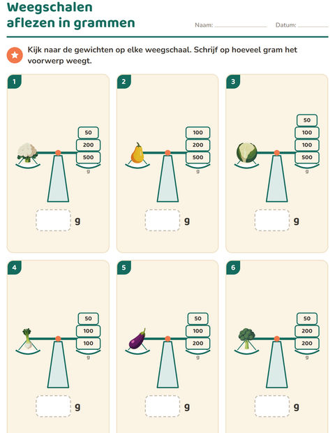 Voorbeeld van het Meten-werkblad met Groenten voor groep 4