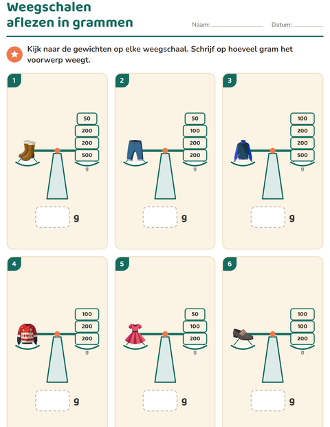 Voorbeeld van het Meten-werkblad met Kleding voor groep 4