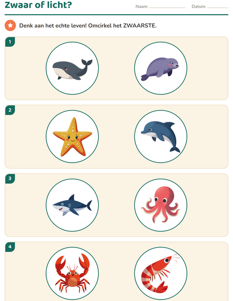 Voorbeeld van het Meten-werkblad met Oceaanleven voor kleuterklas