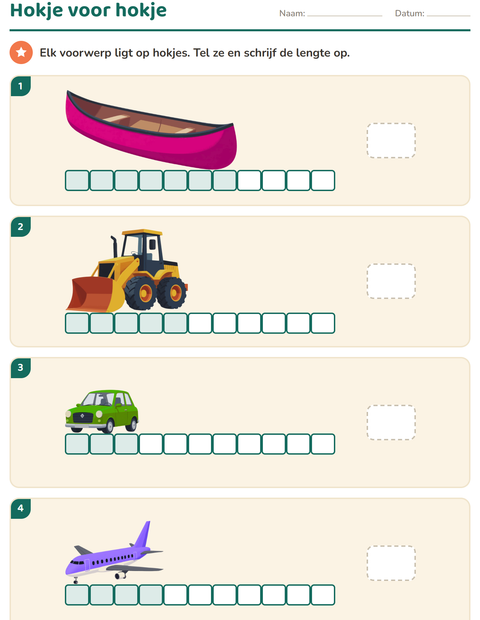 Voorbeeld van het Meten-werkblad met Voertuigen voor groep 3