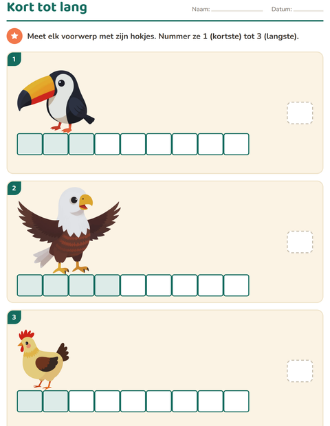 Voorbeeld van het Meten-werkblad met Vogels 2 voor groep 3