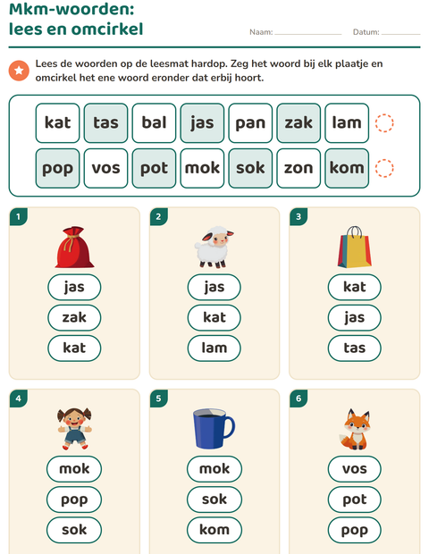 Voorbeeld van het Mkm-woorden lezen-werkblad voor groep 3