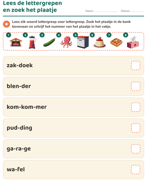 Voorbeeld van het Mkm-woorden lezen-werkblad voor groep 3