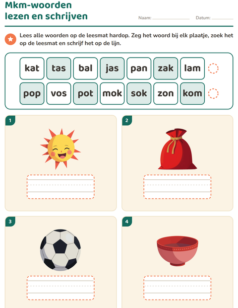 Voorbeeld van het Mkm-woorden lezen-werkblad voor groep 3