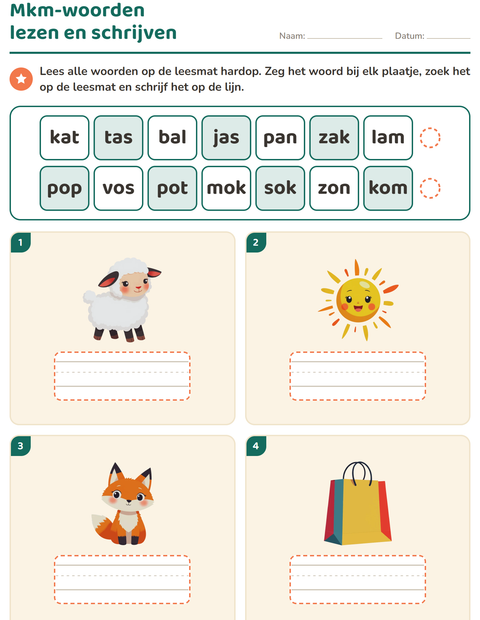 Voorbeeld van het Mkm-woorden lezen-werkblad voor groep 3