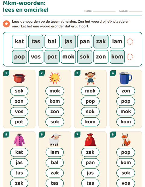 Voorbeeld van het Mkm-woorden lezen-werkblad voor groep 3