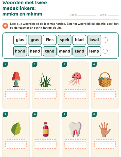 Voorbeeld van het Mkm-woorden lezen-werkblad voor groep 3