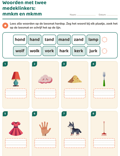 Voorbeeld van het Mkm-woorden lezen-werkblad voor groep 3