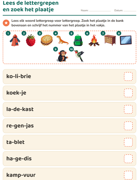 Voorbeeld van het Mkm-woorden lezen-werkblad voor groep 3