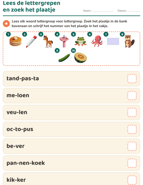 Voorbeeld van het Mkm-woorden lezen-werkblad voor groep 3