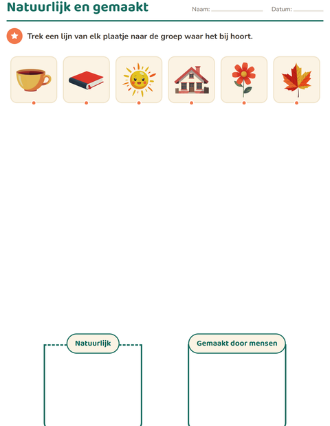 Voorbeeld van het Natuur sorteren-werkblad voor kleuterklas