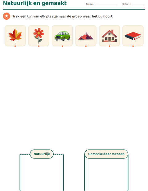 Voorbeeld van het Natuur sorteren-werkblad voor kleuterklas