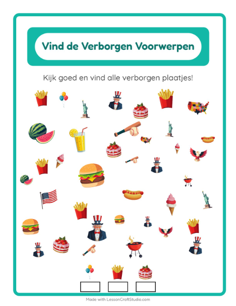 Voorbeeld van het Objecten Zoeken-werkblad met 4 juli voor kleuterklas