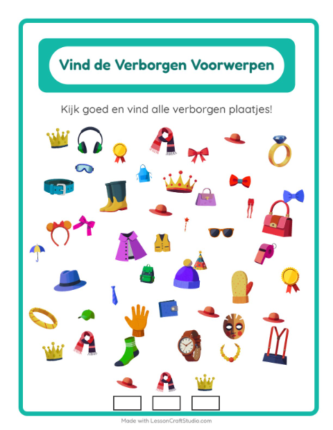 Voorbeeld van het Objecten Zoeken-werkblad met Accessoires voor kleuterklas
