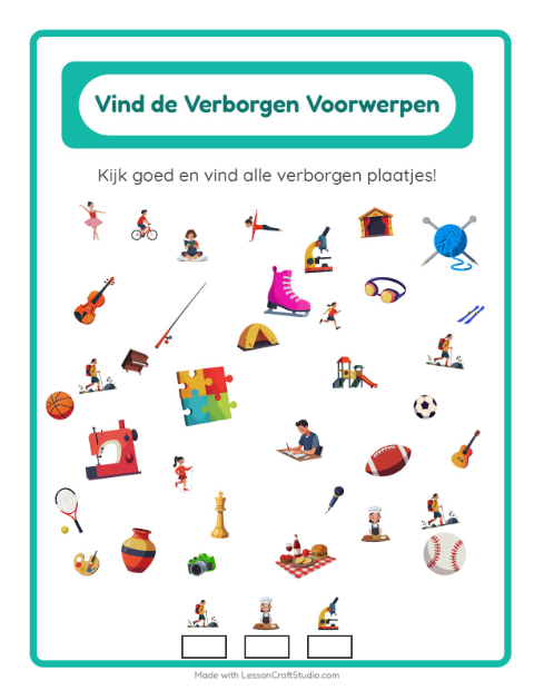 Voorbeeld van het Objecten Zoeken-werkblad met Activiteiten voor kleuterklas
