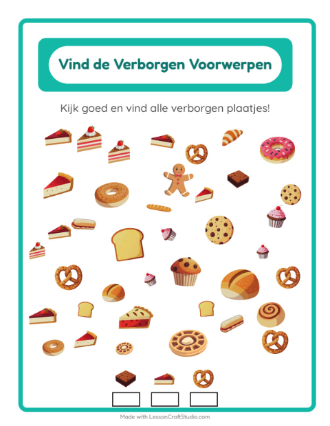 Voorbeeld van het Objecten Zoeken-werkblad met Bakkerij voor kleuterklas