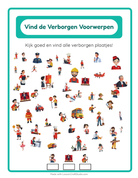 Voorbeeld van het Objecten Zoeken-werkblad met Beroepen voor kleuterklas
