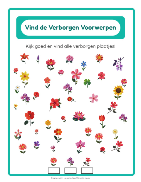 Voorbeeld van het Objecten Zoeken-werkblad met Bloemen voor kleuterklas