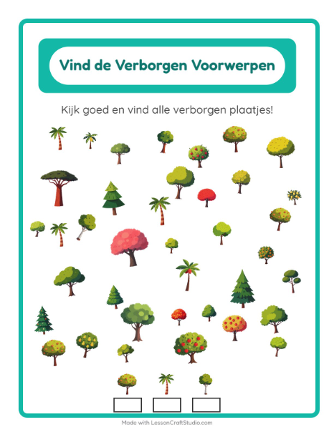 Voorbeeld van het Objecten Zoeken-werkblad met Bomen voor kleuterklas