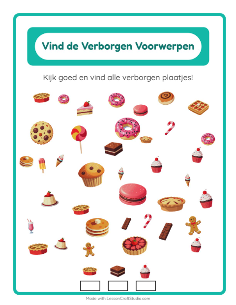 Voorbeeld van het Objecten Zoeken-werkblad met Desserts en snoep voor kleuterklas
