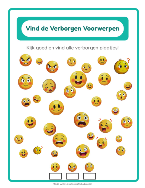 Voorbeeld van het Objecten Zoeken-werkblad met Emoties voor kleuterklas
