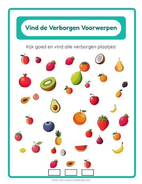 Voorbeeld van het Objecten Zoeken-werkblad met Fruit voor kleuterklas