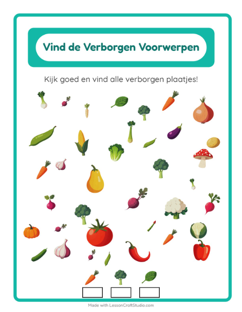 Voorbeeld van het Objecten Zoeken-werkblad met Groenten voor kleuterklas