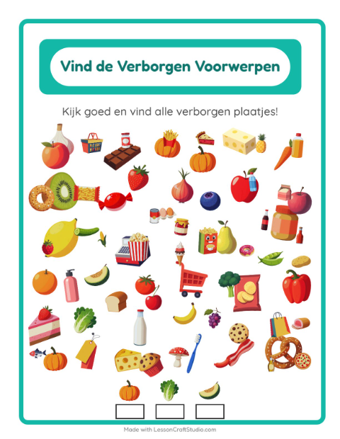Voorbeeld van het Objecten Zoeken-werkblad met In de supermarkt voor kleuterklas