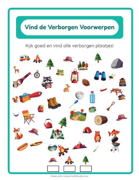 Voorbeeld van het Objecten Zoeken-werkblad met Kamperen voor kleuterklas