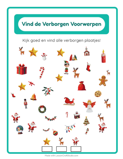 Voorbeeld van het Objecten Zoeken-werkblad met Kerstmis voor kleuterklas