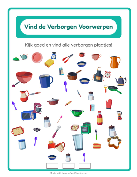 Voorbeeld van Speur keukenspullen in de plaat – werkblad voor kleuters