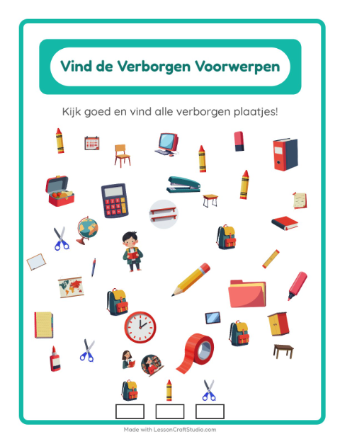 Voorbeeld van het Objecten Zoeken-werkblad met Klaslokaal voor kleuterklas