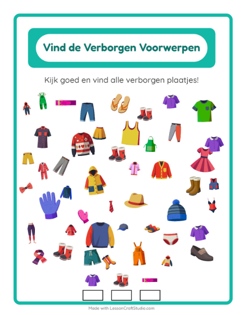 Voorbeeld van het Objecten Zoeken-werkblad met Kleding voor kleuterklas