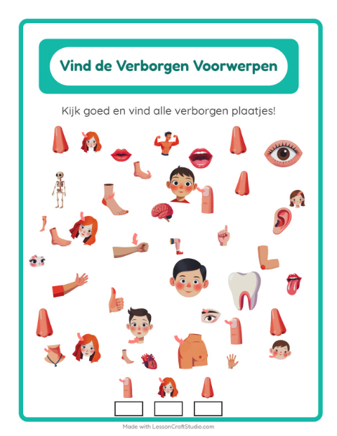 Voorbeeld van het Objecten Zoeken-werkblad met Lichaamsdelen voor kleuterklas