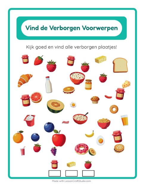 Voorbeeld van het Objecten Zoeken-werkblad met Ontbijt voor kleuterklas