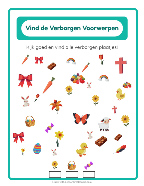 Voorbeeld van het Objecten Zoeken-werkblad met Pasen voor kleuterklas