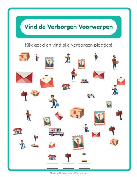 Voorbeeld van het Objecten Zoeken-werkblad met Postkantoor voor kleuterklas