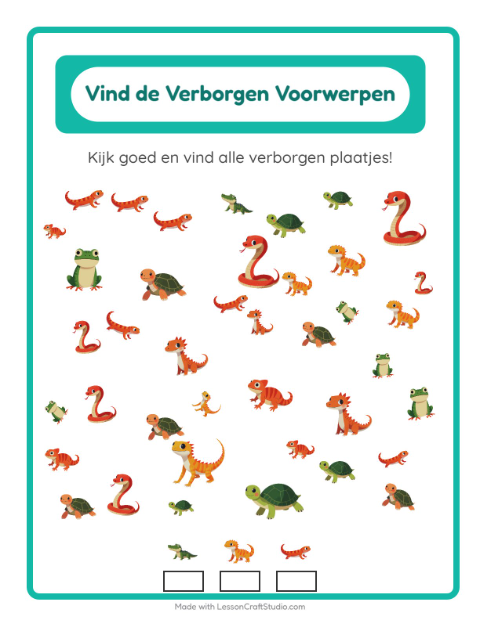 Voorbeeld van het Objecten Zoeken-werkblad met Reptielen en amfibieën voor kleuterklas