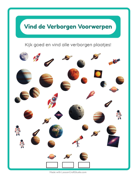 Voorbeeld van het Objecten Zoeken-werkblad met Ruimte voor kleuterklas
