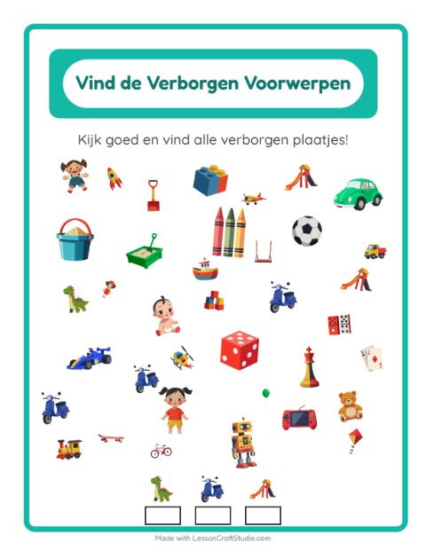 Voorbeeld van Speur speelgoedjes in de plaat – werkblad voor kleuters