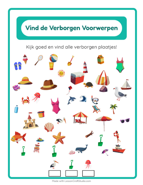 Voorbeeld van het Objecten Zoeken-werkblad met Strand voor kleuterklas