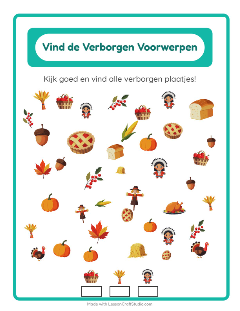 Voorbeeld van het Objecten Zoeken-werkblad met Thanksgiving voor kleuterklas
