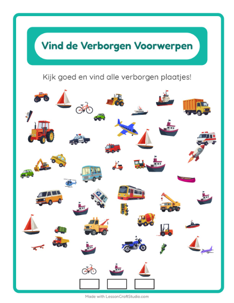 Voorbeeld van het Objecten Zoeken-werkblad met Voertuigen voor kleuterklas