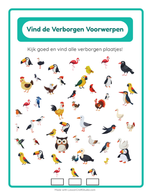 Voorbeeld van het Objecten Zoeken-werkblad met Vogels 2 voor kleuterklas
