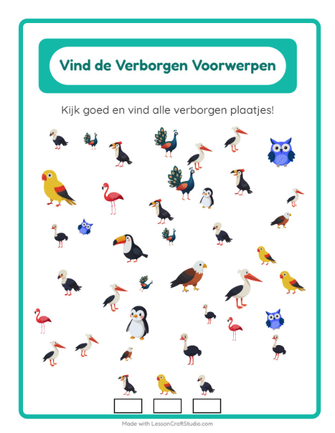 Voorbeeld van het Objecten Zoeken-werkblad met Vogels voor kleuterklas