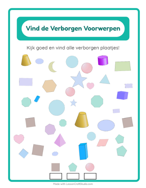 Voorbeeld van het Objecten Zoeken-werkblad met Vormen voor kleuterklas