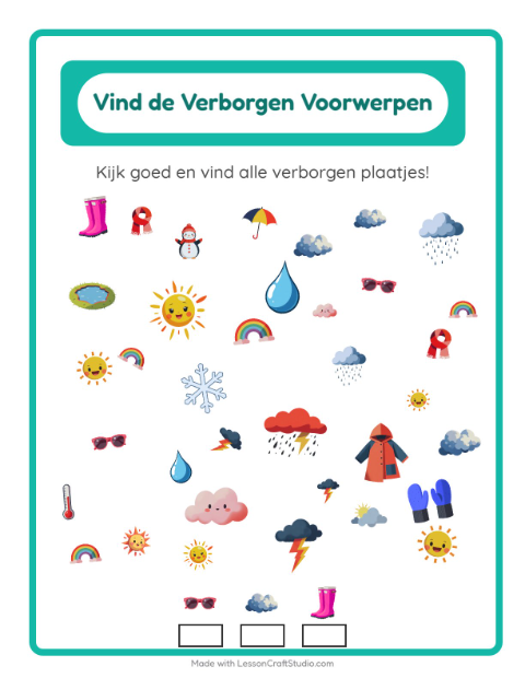 Voorbeeld van het Objecten Zoeken-werkblad met Weer voor kleuterklas